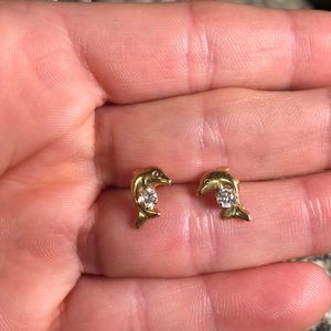 Pagoda Zircon 10k Yellow Gold Dolphin Earrings